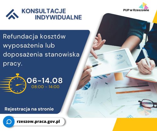 Zdjęcie artykułu Konsultacje dla przedsiębiorców zainteresowanych uzyskaniem refundacji kosztów wyposażenia lub doposażenia stanowiska pracy.